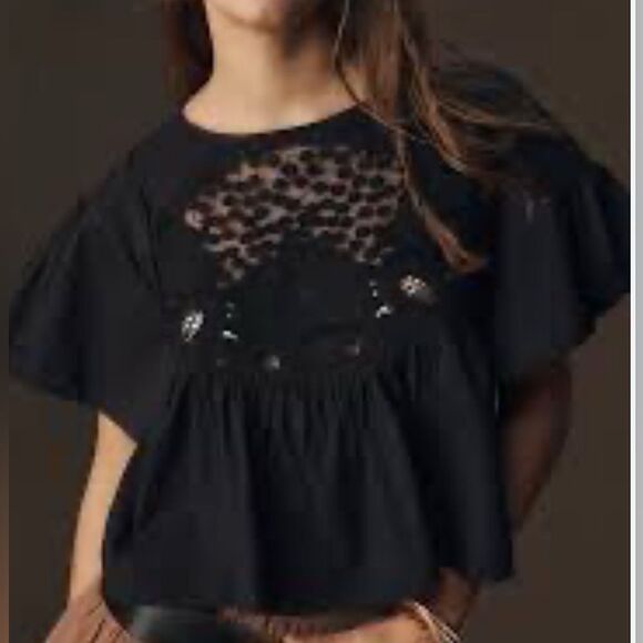 Anthropologie Black Flutter Sleeve Crop Blouse - Picture 1 of 7
